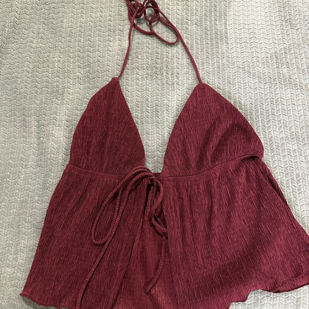 Princess Polly Wine-Red Crinkle Tie-Front Halter Top
